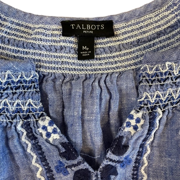 Talbots  100% Linen Blue Embroidered Short Sleeve Blouse Petite Medium - Picture 5 of 8